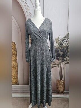 SHEIN Silver Metallic Long Sleeve Wrap Maxi Dress